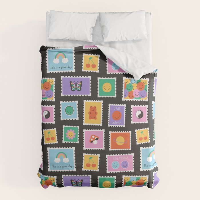 Retro funny cartoon postage stamp sticker pattern Duvet Cover Gallery Image 1