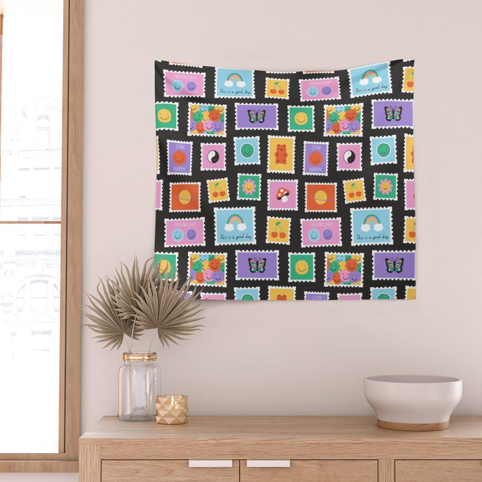 Retro funny cartoon postage stamp sticker pattern Wall Tapestry Gallery Image 2