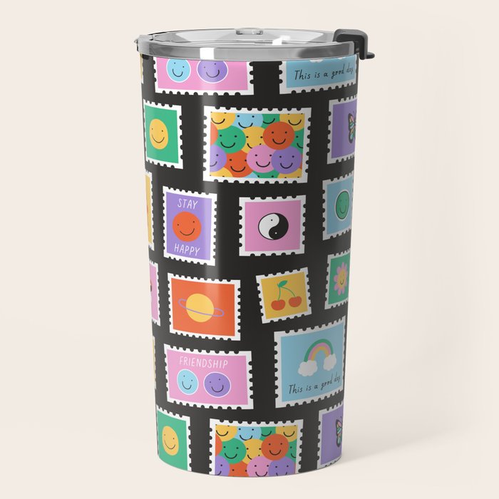 Retro funny cartoon postage stamp sticker pattern Travel Mug Gallery Image 2