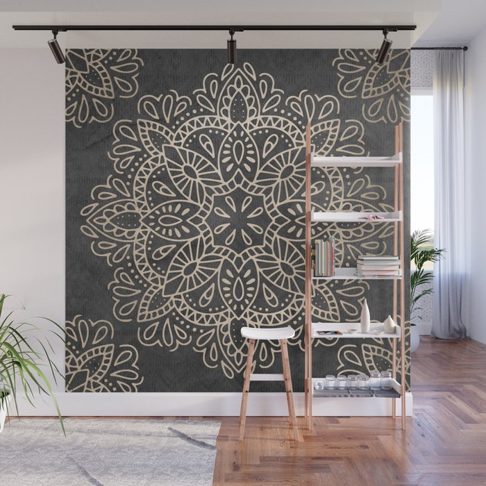 Mandala White Gold on Dark Gray Wall Mural Gallery Image 1