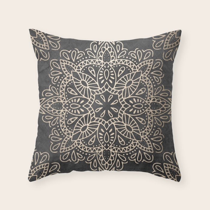 Mandala White Gold on Dark Gray Throw Pillow Gallery Image 6