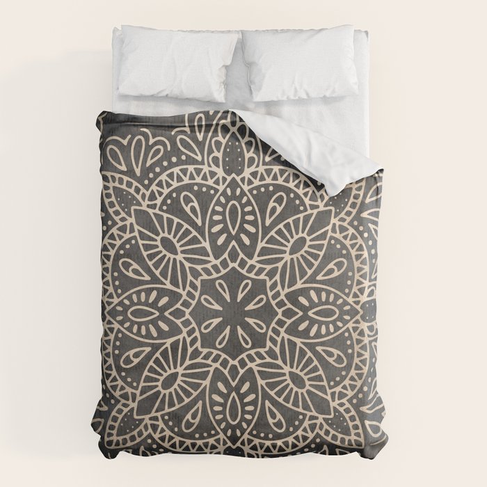 Mandala White Gold on Dark Gray Duvet Cover Gallery Image 1