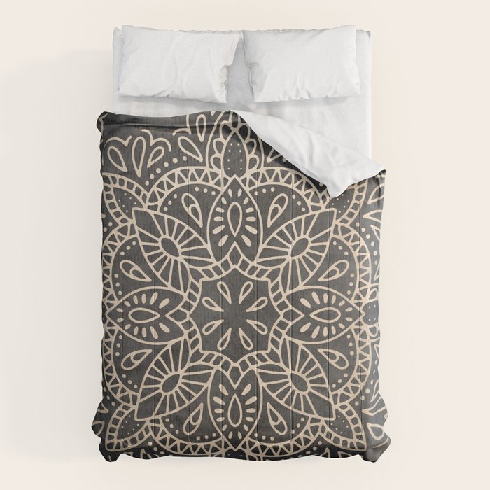 Mandala White Gold On Dark Gray Comforter