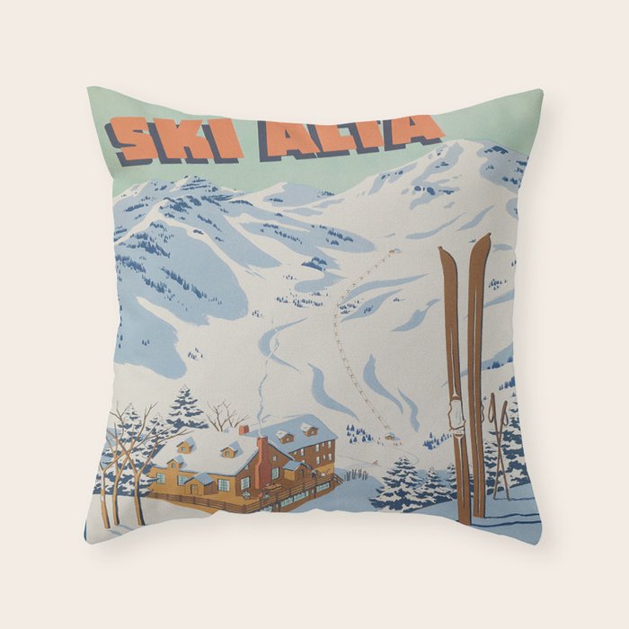 Ski Alta Vintage Travel Poster Throw Pillow Gallery Image 1