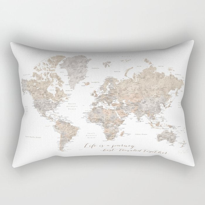 Life is a jouney best travelled together, world map, "Abey" Rectangular Pillow Gallery Image 1