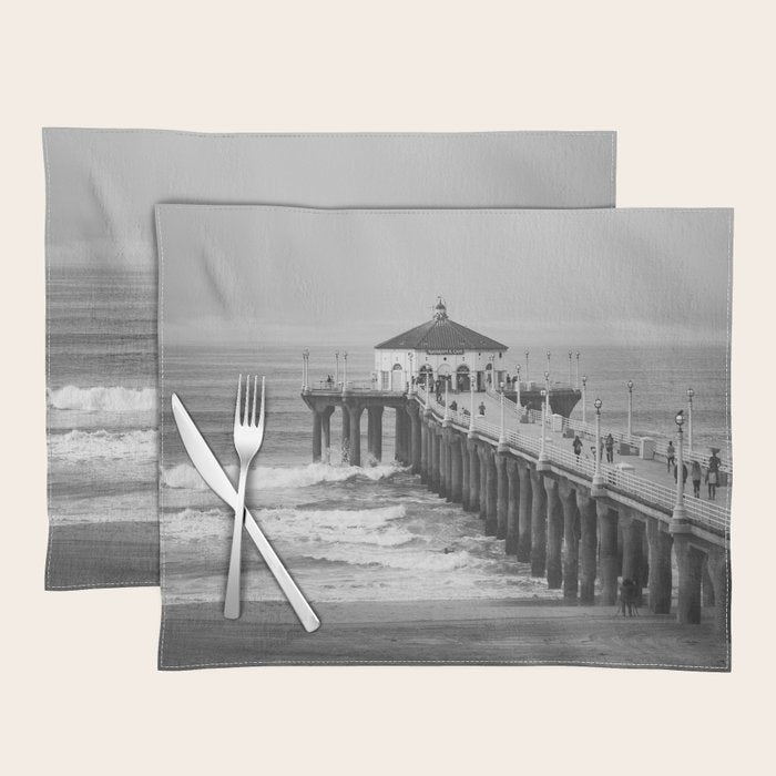 Manhattan beach Pier Black and White Photography Placemat Gallery Image 1