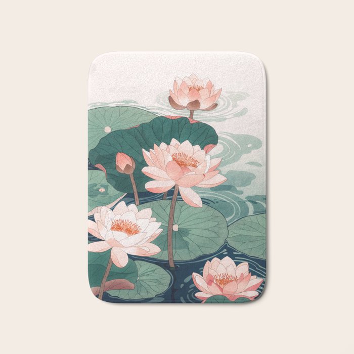 Japanese Wall Art Floral Lotus Painting Pink Pastel Green botanical Wabi Sabi Flower Poster  Bath Mat Gallery Image 1