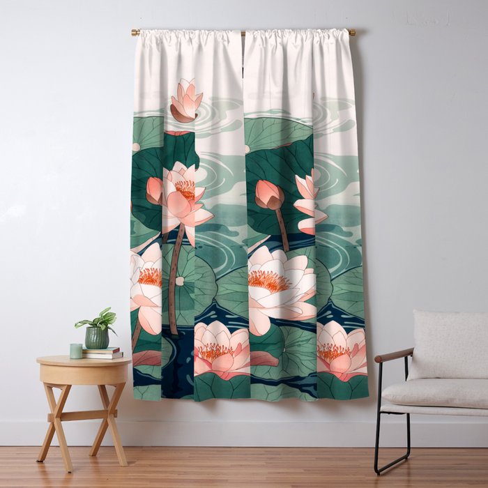 Japanese Wall Art Floral Lotus Painting Pink Pastel Green botanical Wabi Sabi Flower Poster  Window Curtain Gallery Image 5