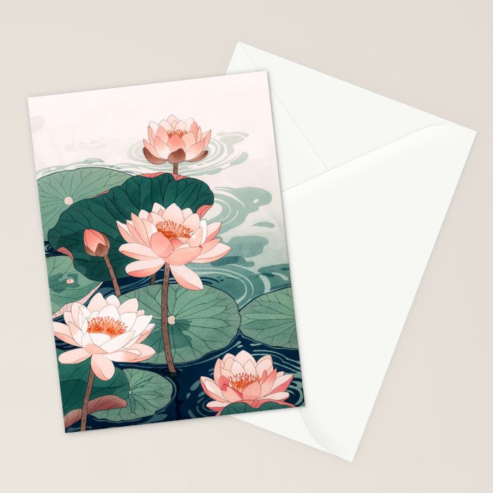 Japanese Wall Art Floral Lotus Painting Pink Pastel Green botanical Wabi Sabi Flower Poster  Stationery Card Gallery Image 2
