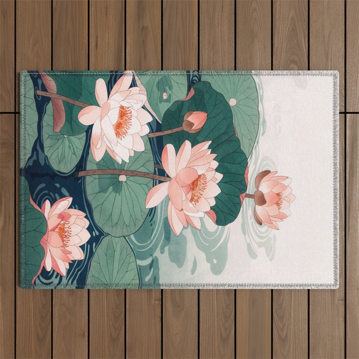 Japanese Wall Art Floral Lotus Painting Pink Pastel Green botanical Wabi Sabi Flower Poster  Outdoor Rug Gallery Image 1