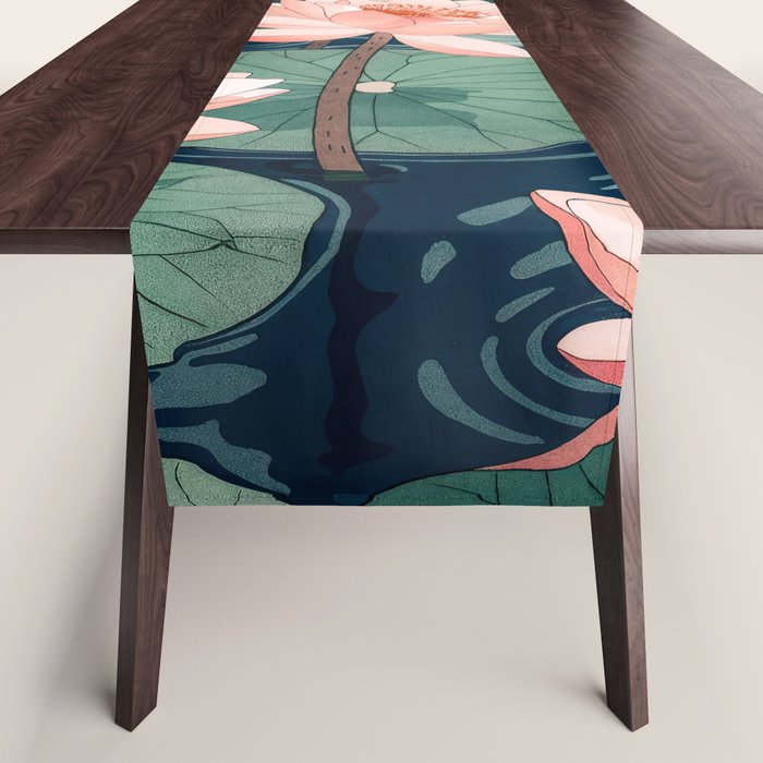 Japanese Wall Art Floral Lotus Painting Pink Pastel Green botanical Wabi Sabi Flower Poster  Table Runner Gallery Image 1