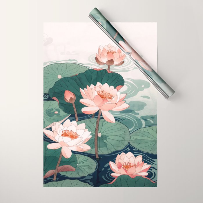 Japanese Wall Art Floral Lotus Painting Pink Pastel Green botanical Wabi Sabi Flower Poster  Wrapping Paper Gallery Image 1