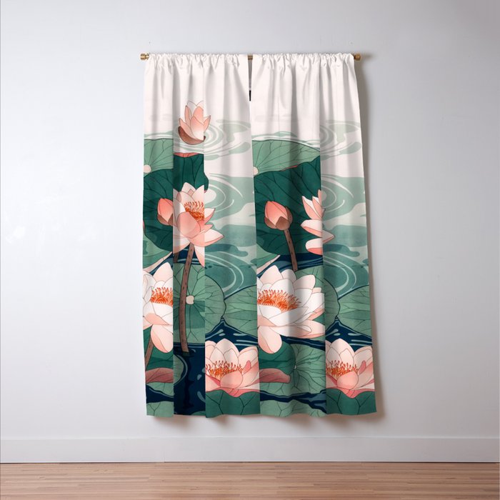 Japanese Wall Art Floral Lotus Painting Pink Pastel Green botanical Wabi Sabi Flower Poster  Window Curtain Gallery Image 3