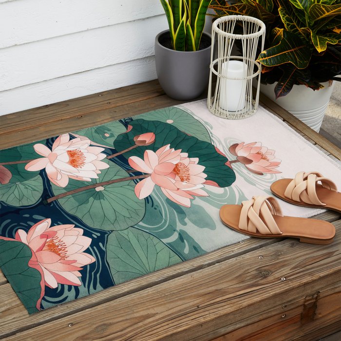 Japanese Wall Art Floral Lotus Painting Pink Pastel Green botanical Wabi Sabi Flower Poster  Outdoor Rug Gallery Image 2