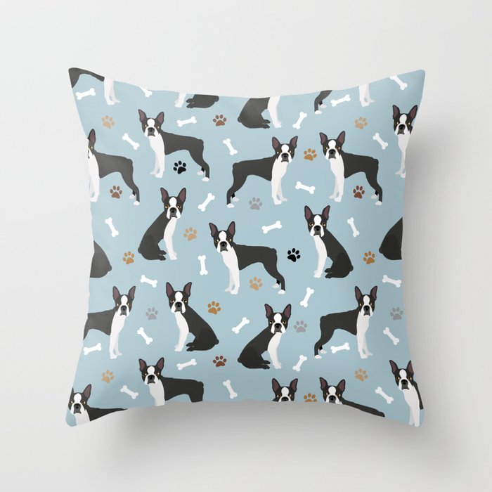 Boston Terrier Dogs Pattern Blue Throw Pillow Gallery Image 1