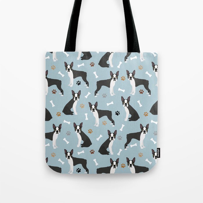 Boston Terrier Dogs Pattern Blue Tote Bag Gallery Image 1