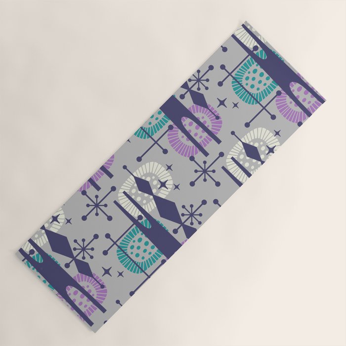 Retro Atomic Mid Century Pattern Grey Teal Blue and Lavender Yoga Mat Gallery Image 1