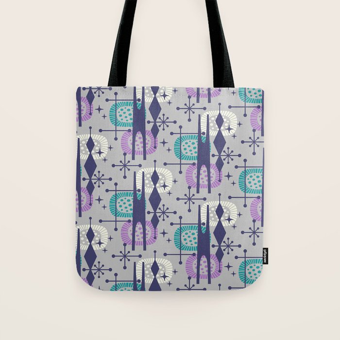 Retro Atomic Mid Century Pattern Grey Teal Blue and Lavender Tote Bag Gallery Image 1