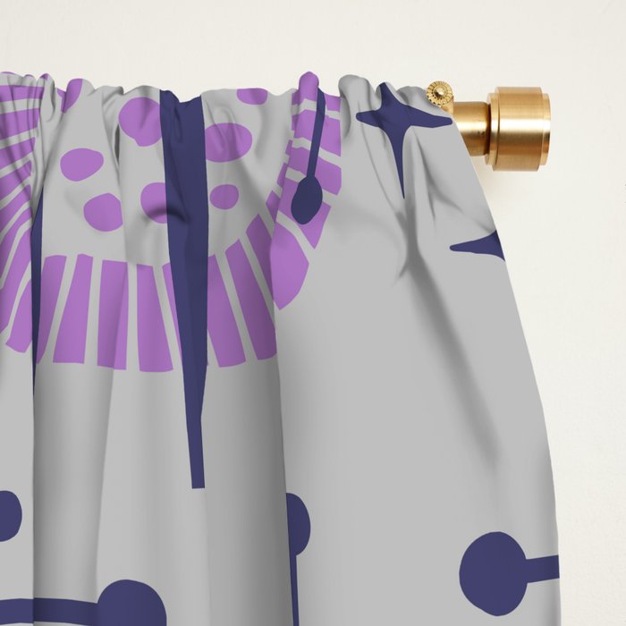 Retro Atomic Mid Century Pattern Grey Teal Blue and Lavender Window Curtain Gallery Image 2