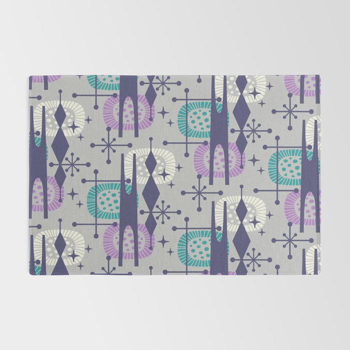Retro Atomic Mid Century Pattern Grey Teal Blue and Lavender Rug Gallery Image 2