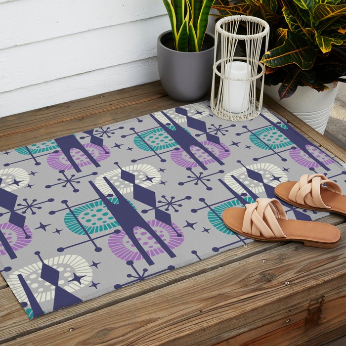 Retro Atomic Mid Century Pattern Grey Teal Blue and Lavender Outdoor Rug Gallery Image 2