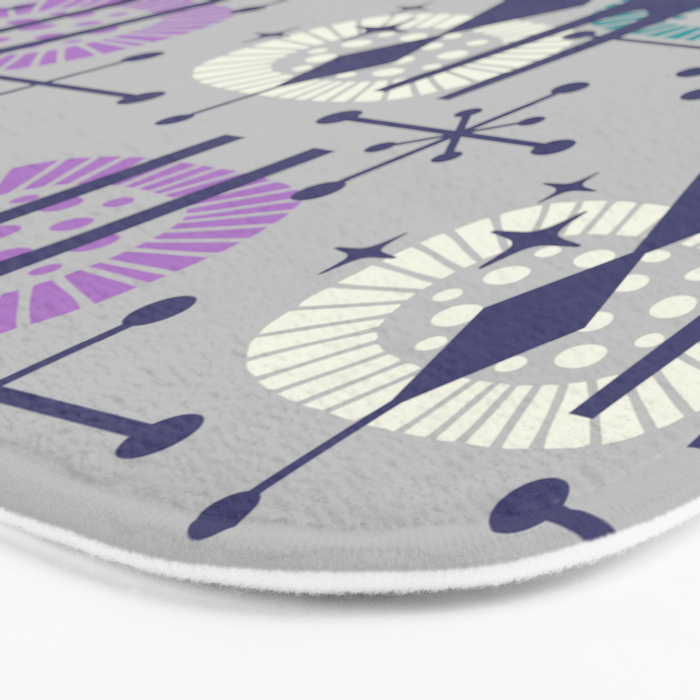 Retro Atomic Mid Century Pattern Grey Teal Blue and Lavender Bath Mat Gallery Image 3