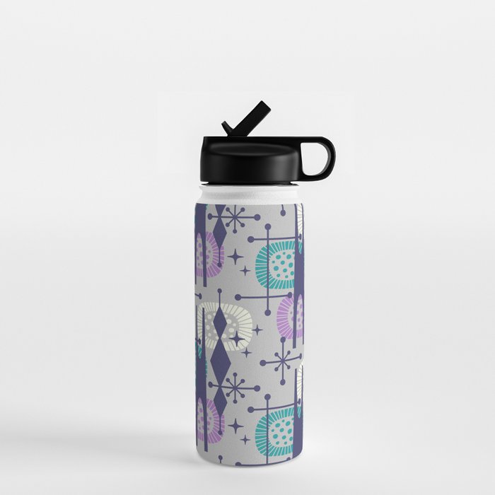 Retro Atomic Mid Century Pattern Grey Teal Blue and Lavender Water Bottle Gallery Image 1