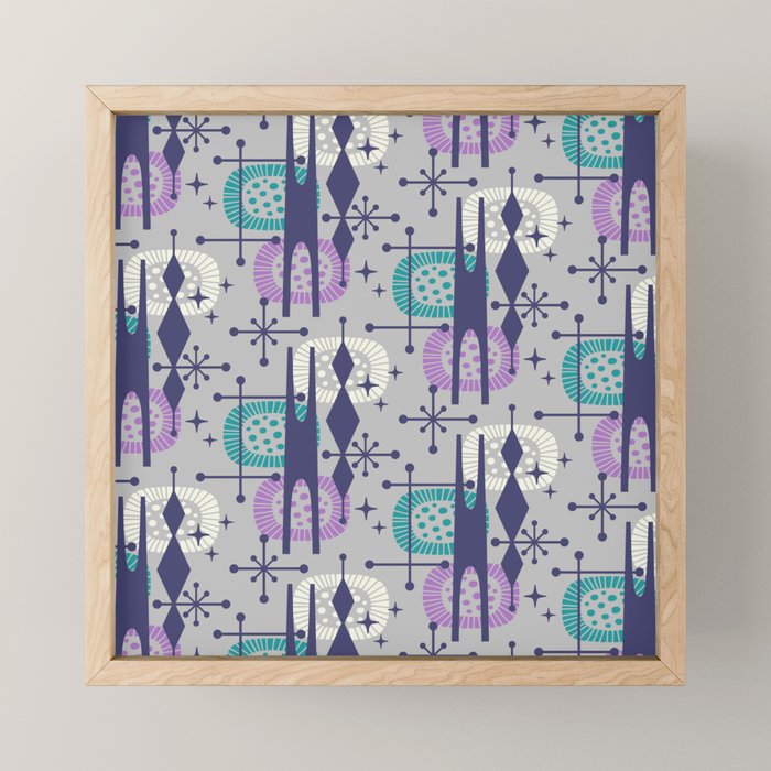 Retro Atomic Mid Century Pattern Grey Teal Blue and Lavender Mini Art Print Gallery Image 1