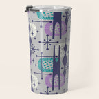 Retro Atomic Mid Century Pattern Grey Teal Blue and Lavender Travel Mug Gallery Image 3
