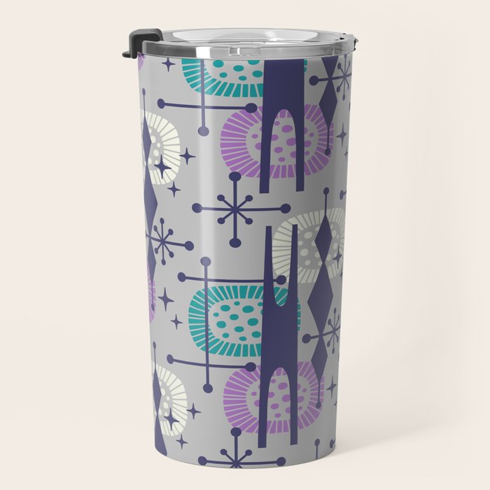Retro Atomic Mid Century Pattern Grey Teal Blue and Lavender Travel Mug Gallery Image 3