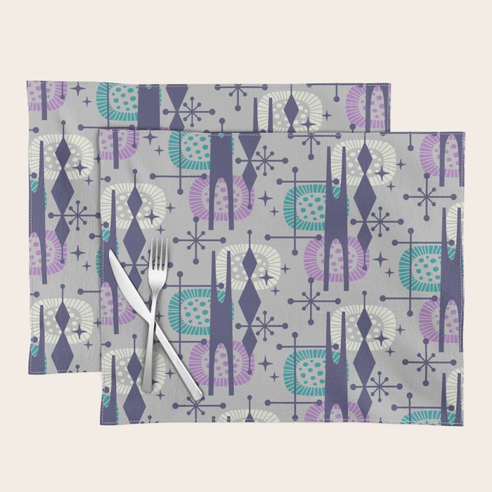 Retro Atomic Mid Century Pattern Grey Teal Blue and Lavender Placemat Gallery Image 1