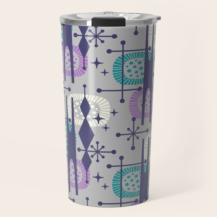 Retro Atomic Mid Century Pattern Grey Teal Blue and Lavender Travel Mug Gallery Image 1