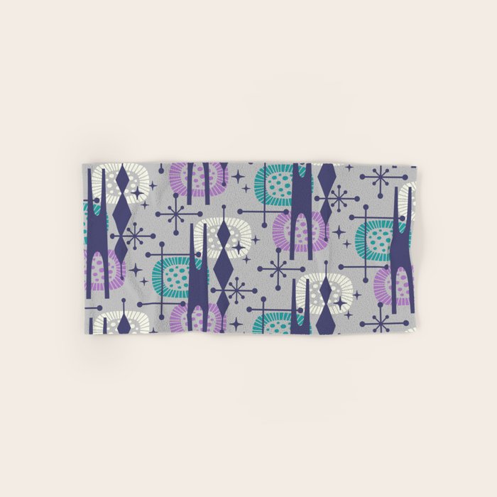 Retro Atomic Mid Century Pattern Grey Teal Blue and Lavender Bath Towel Gallery Image 1