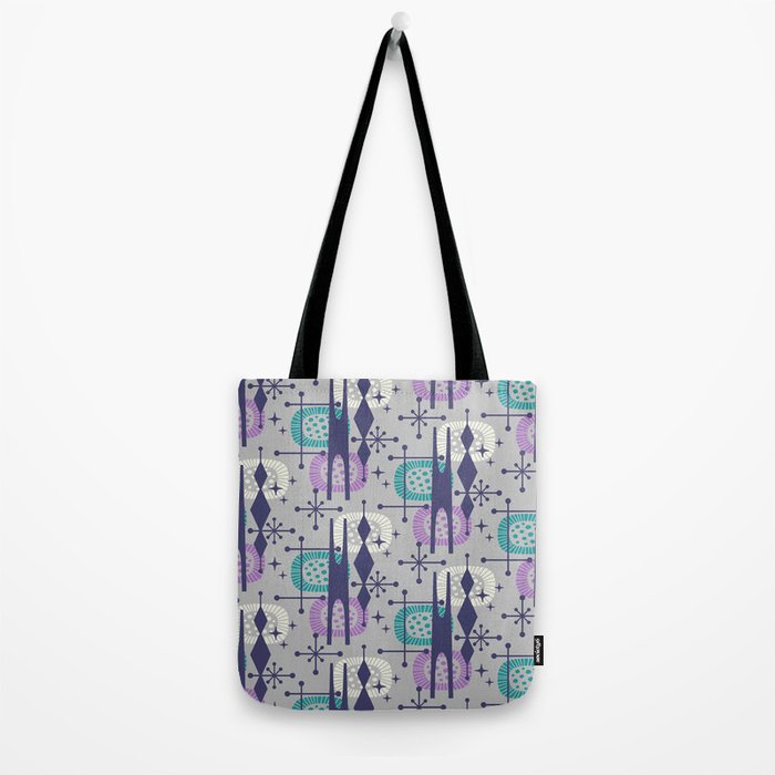 Retro Atomic Mid Century Pattern Grey Teal Blue and Lavender Tote Bag Gallery Image 2