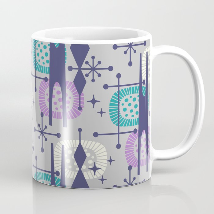 Retro Atomic Mid Century Pattern Grey Teal Blue and Lavender Coffee Mug Gallery Image 1