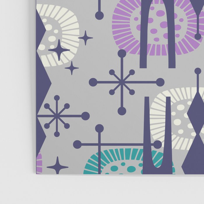 Retro Atomic Mid Century Pattern Grey Teal Blue and Lavender Poster Gallery Image 3