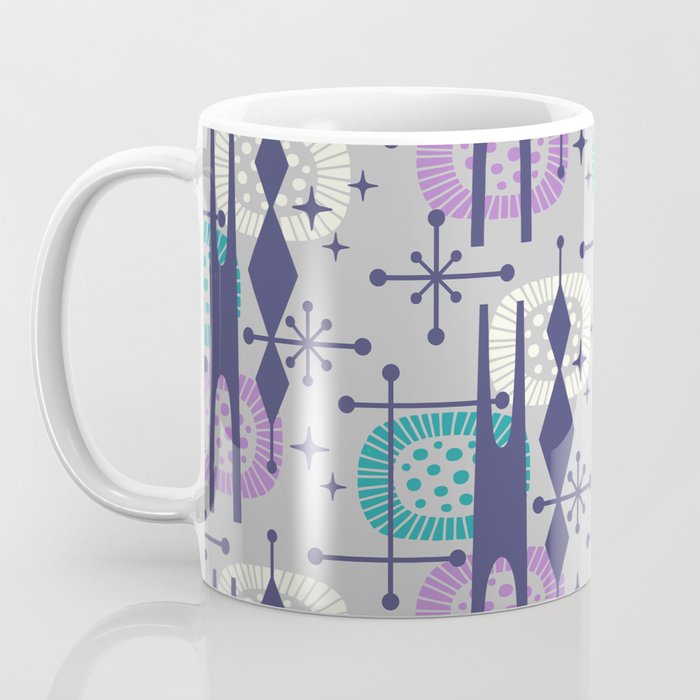 Retro Atomic Mid Century Pattern Grey Teal Blue and Lavender Coffee Mug Gallery Image 3