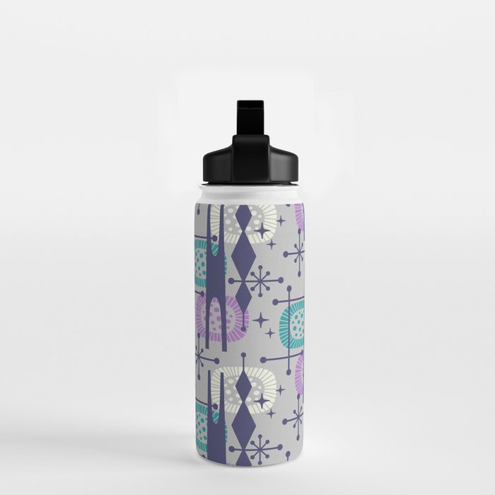 Retro Atomic Mid Century Pattern Grey Teal Blue and Lavender Water Bottle Gallery Image 2