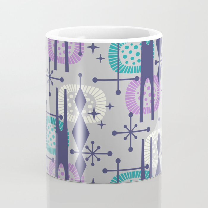 Retro Atomic Mid Century Pattern Grey Teal Blue and Lavender Coffee Mug Gallery Image 4
