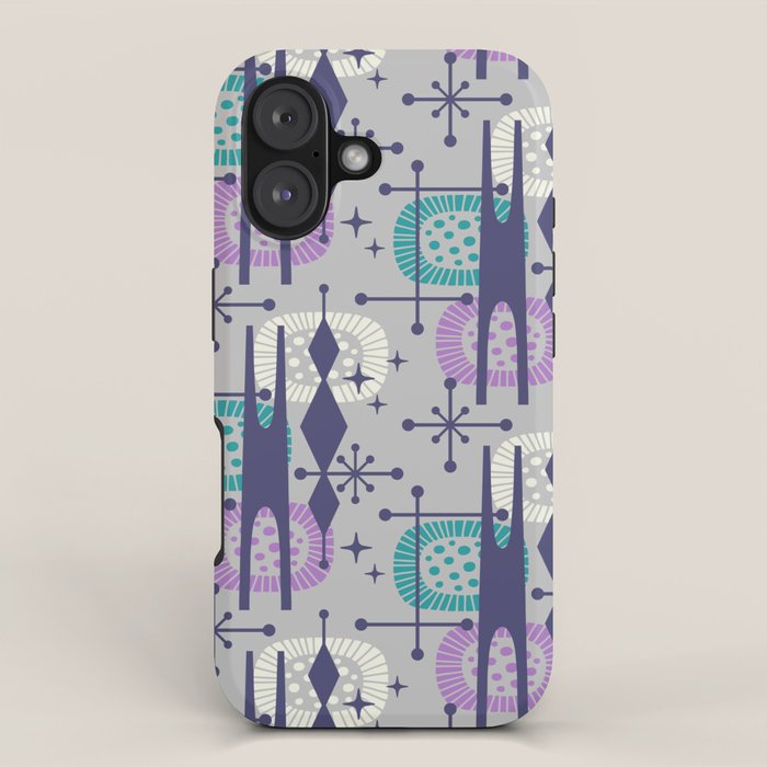 Retro Atomic Mid Century Pattern Grey Teal Blue and Lavender iPhone Case Gallery Image 1
