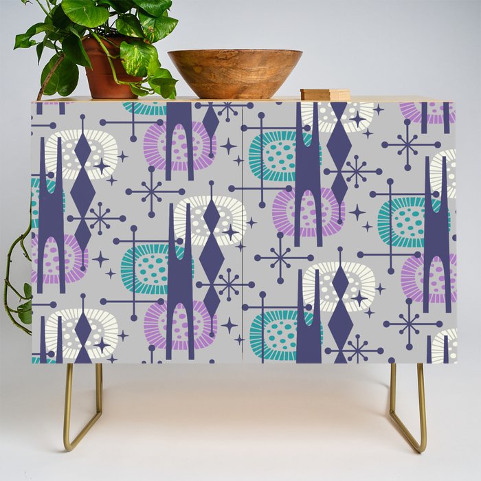 Retro Atomic Mid Century Pattern Grey Teal Blue and Lavender Credenza Gallery Image 1