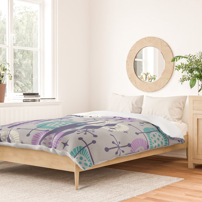 Retro Atomic Mid Century Pattern Grey Teal Blue and Lavender Duvet Cover Gallery Image 2