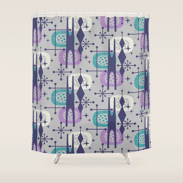 Retro Atomic Mid Century Pattern Grey Teal Blue and Lavender Shower Curtain Gallery Image 1
