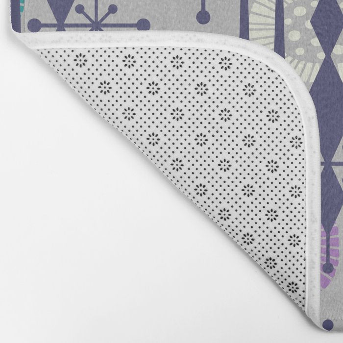 Retro Atomic Mid Century Pattern Grey Teal Blue and Lavender Bath Mat Gallery Image 2