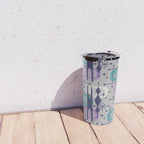 Retro Atomic Mid Century Pattern Grey Teal Blue and Lavender Travel Mug Gallery Image 4