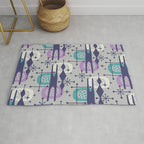 Retro Atomic Mid Century Pattern Grey Teal Blue and Lavender Rug Gallery Image 1
