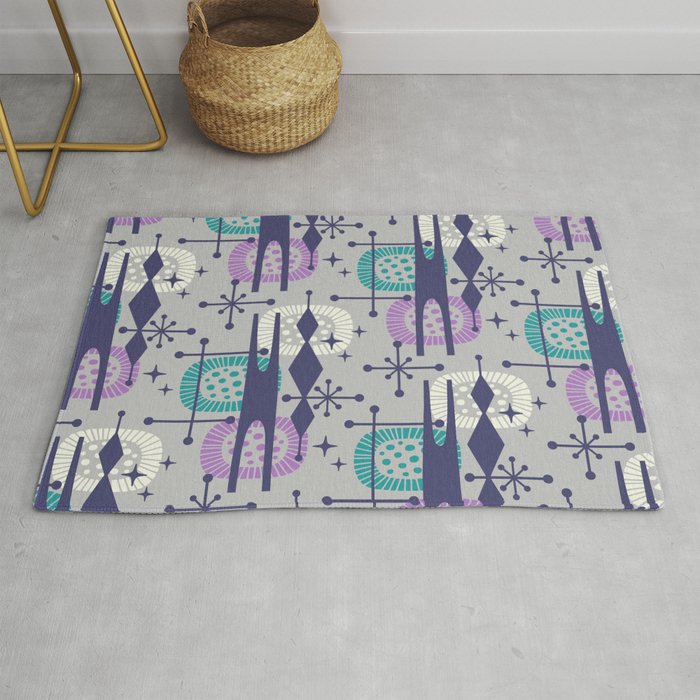 Retro Atomic Mid Century Pattern Grey Teal Blue and Lavender Rug Gallery Image 1