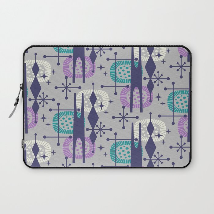 Retro Atomic Mid Century Pattern Grey Teal Blue and Lavender Laptop Sleeve Gallery Image 1