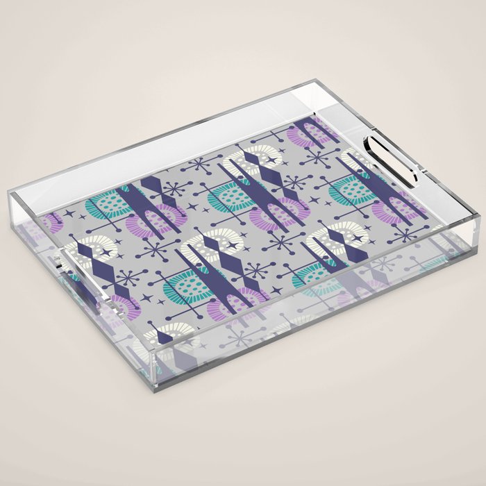 Retro Atomic Mid Century Pattern Grey Teal Blue and Lavender Acrylic Tray Gallery Image 1
