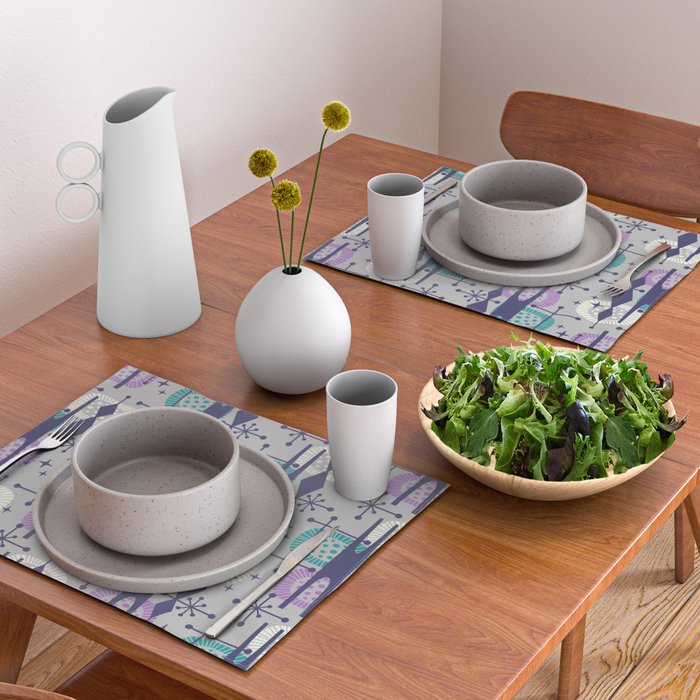 Retro Atomic Mid Century Pattern Grey Teal Blue and Lavender Placemat Gallery Image 2